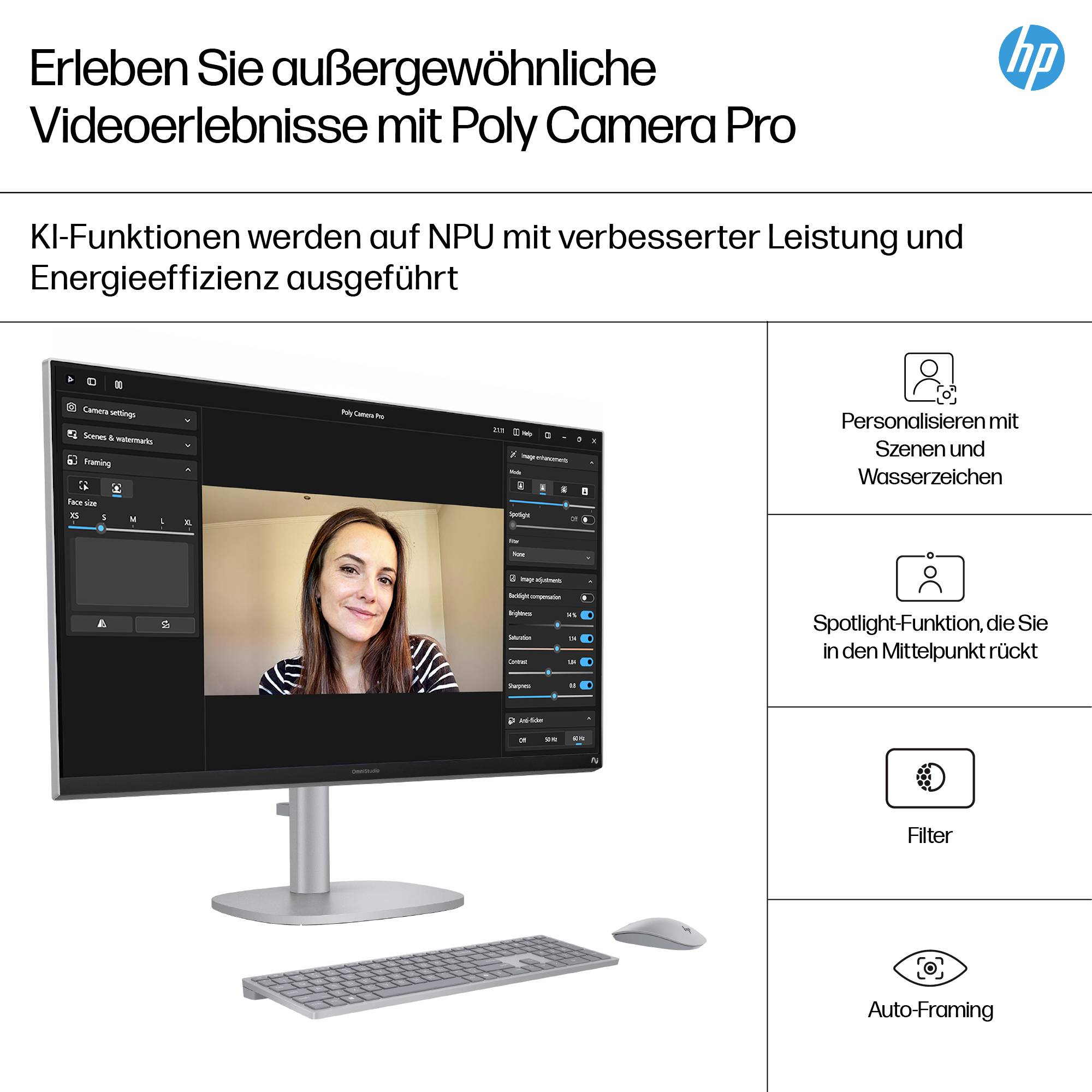 Ein Monitor zeigt eine Frau bei einem Videoanruf, daneben Text zu KI-Funktionen der Poly Kamera Pro für verbesserte Leistung und Effizienz.