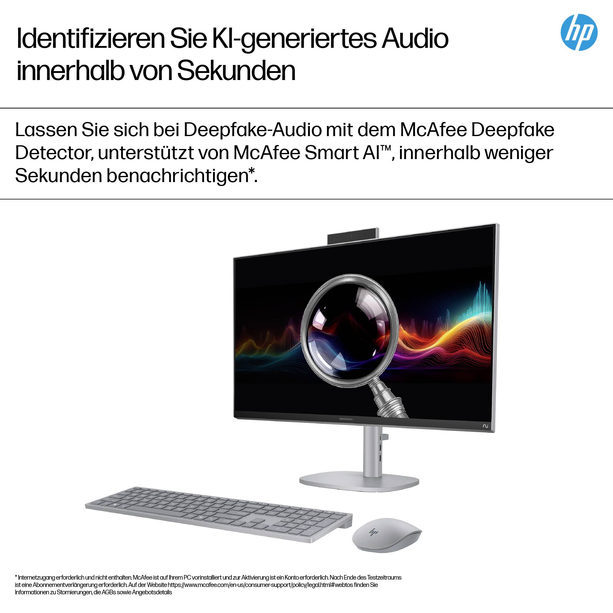 Ein Monitor mit einer Lupe zeigt das Konzept der Deepfake-Audio-Erkennung. Text beschreibt die Unterstützung durch McAfee Smart AI.