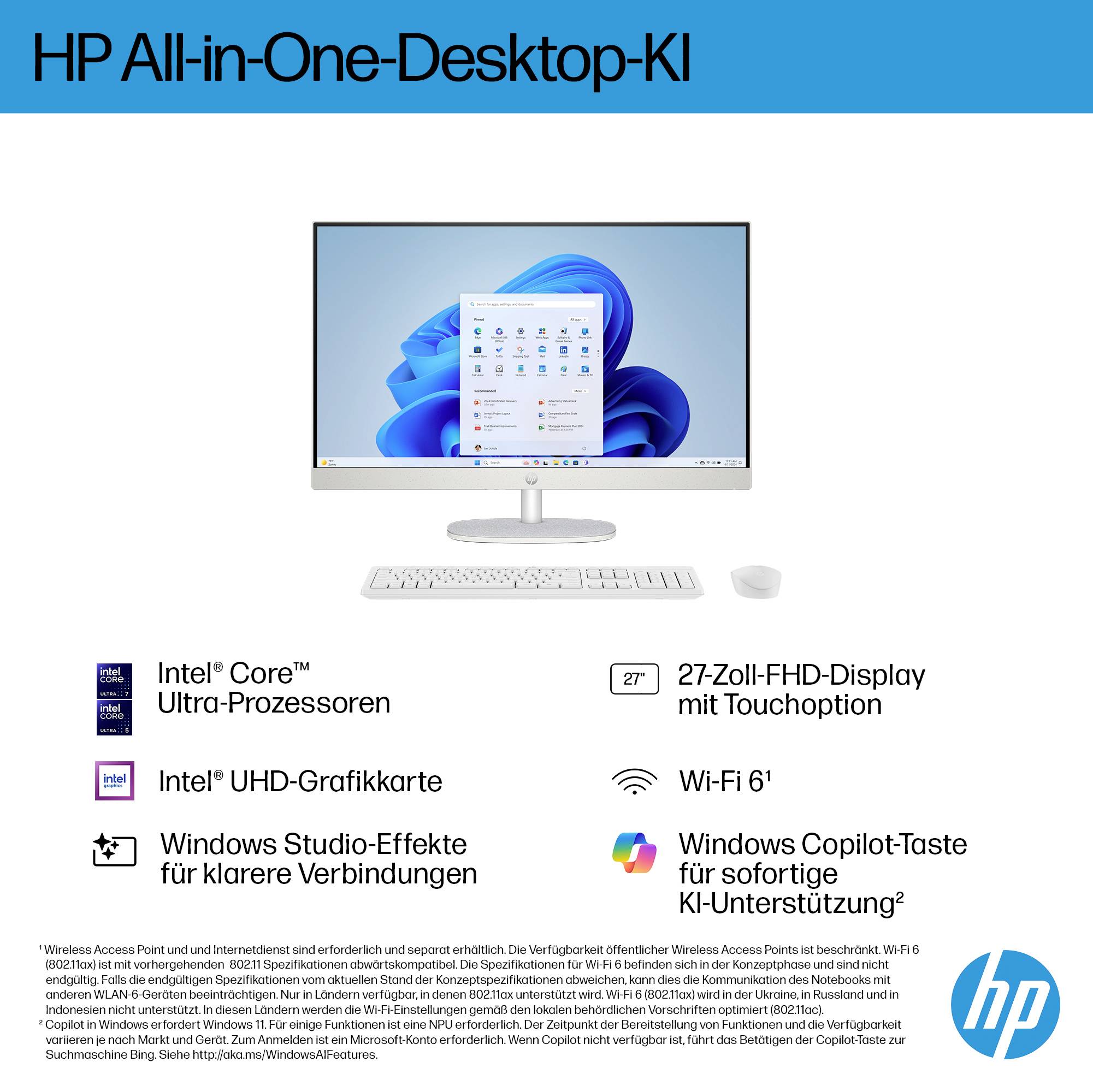 HP All-in-One PC 27-cr2275ng Shell White (P) 68.6 cm (27 Zoll) Full HD Intel® Core™ Ultra 7 255U 5.2 GHz 16 GB RAM 512 GB SSD Intel UHD Graphics