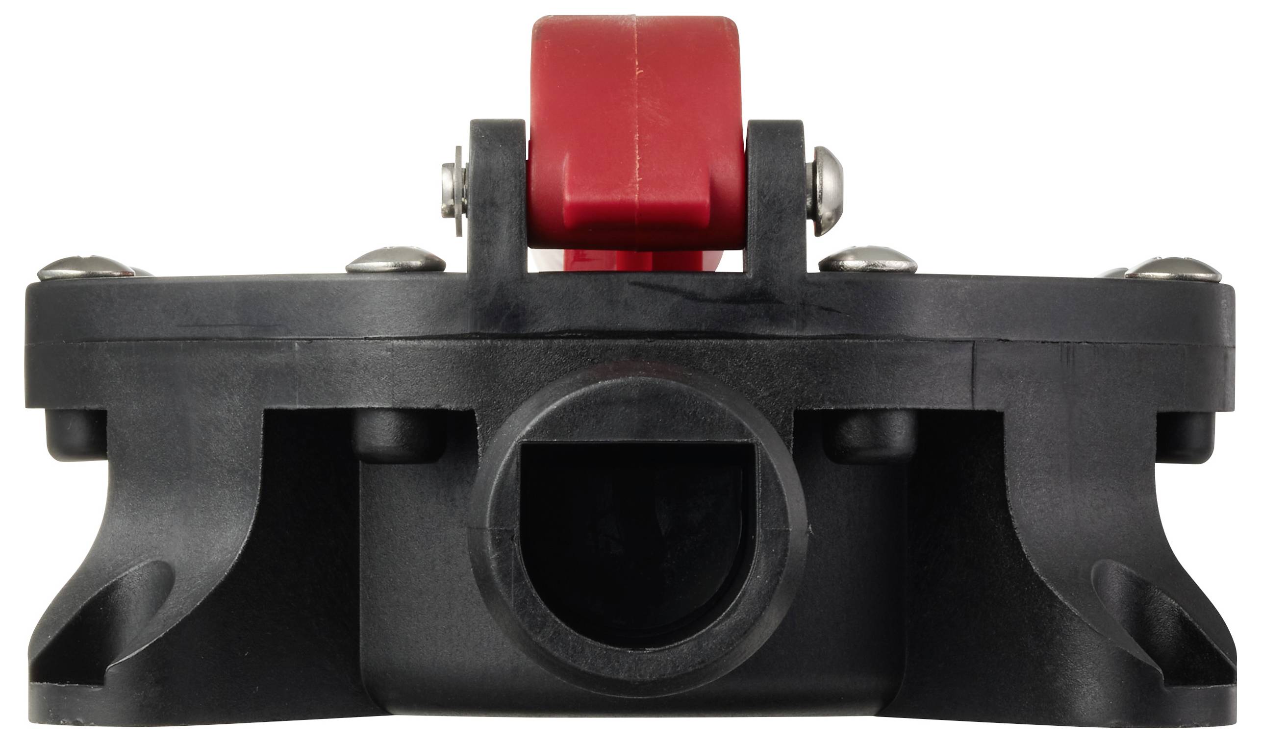 Eine schwarze und rote Kunststoffklemme mit Metallschrauben, die eine zentrale kreisförmige Öffnung aufweist.