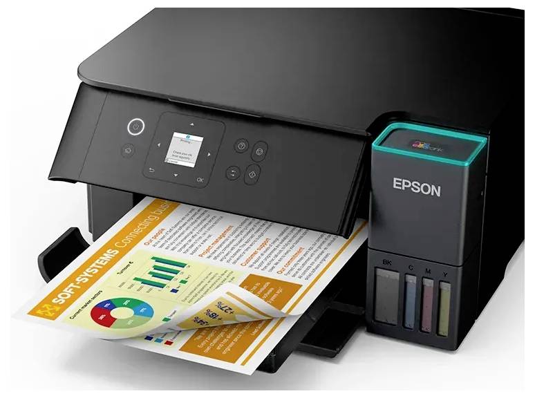 Schwarzer Tintenstrahldrucker, der ein farbiges Dokument mit Diagrammen und Grafiken druckt. Der Drucker verfügt über ein Bedienfeld und Tintenpatronen.