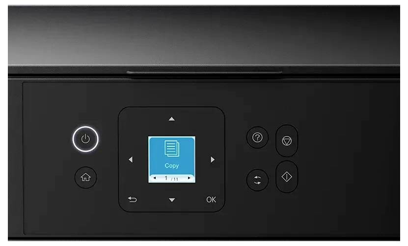 Eine Nahaufnahme des Bedienfelds eines Druckers mit einem kleinen digitalen Display, auf dem 'Kopieren' angezeigt wird. Umliegende Tasten ermöglichen Navigation und Funktionssteuerung.