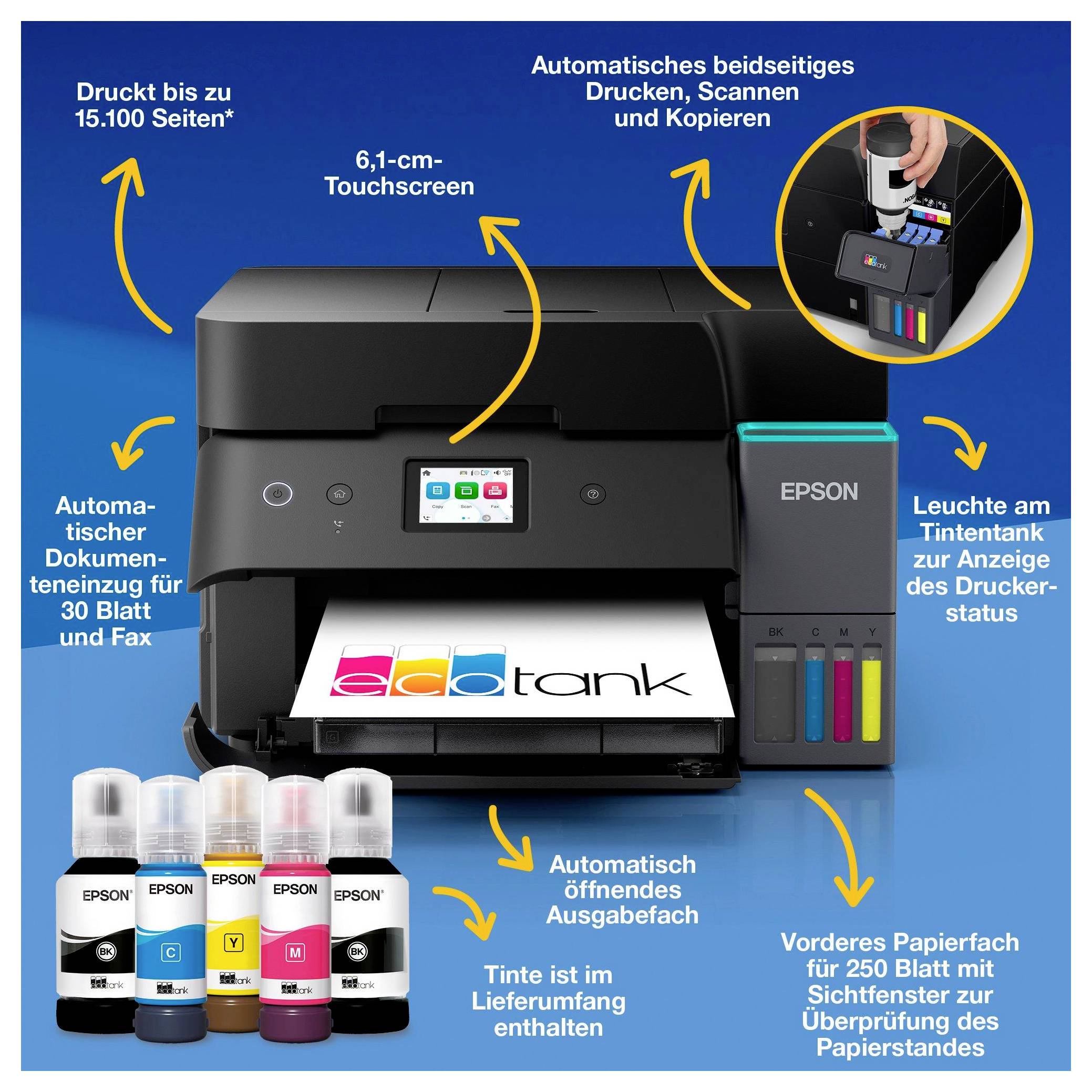 Epson EcoTank ET-4950 Multifunktionsdrucker Tintenstrahl Farbe A4 Drucker, Scanner, Kopierer, Fax WLAN, LAN, USB