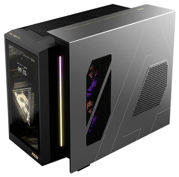 Ein schlankes Gaming-PC mit bunter Innenbeleuchtung, Mesh-Panels zur Belüftung und einem digitalen Display an der Seite, das '09:01' anzeigt.