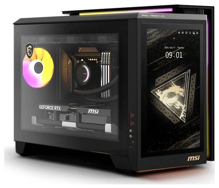 Ein schlanker MSI-Gaming-Desktop mit transparentem Seitenpanel zeigt die Innenkomponenten, einschließlich einer farbenfrohen GeForce RTX-Grafikkarte und Kühlsystem.