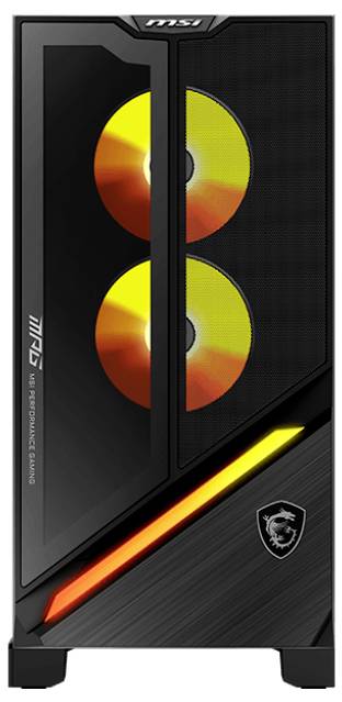 Ein Gaming-Computergehäuse mit zwei sichtbaren gelb-orangen Lüftern und abgewinkelten geometrischen Akzenten. Es verfügt über ein Logo auf dem unteren rechten Frontpanel.