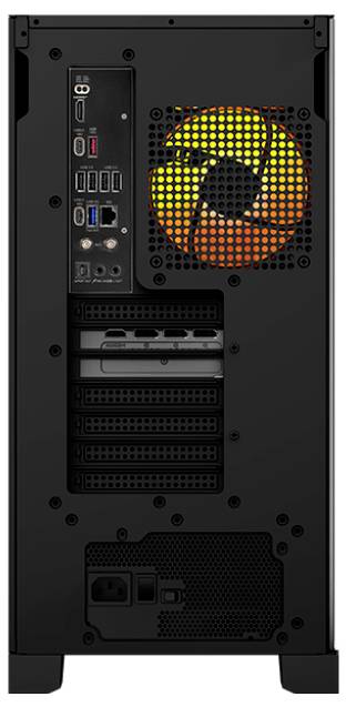 Rückansicht eines Desktop-Computergehäuses mit Anschlüssen, Erweiterungssteckplätzen und einem Kühlventilator mit orange-schwarzen Rotorblättern.