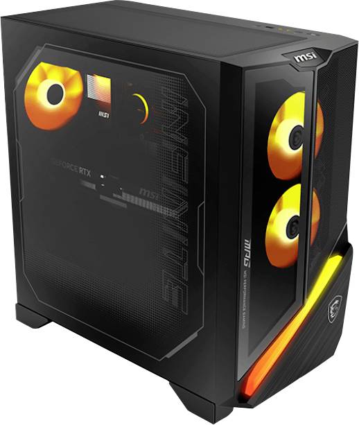 Ein schwarzer Desktop-Computerturm mit drei leuchtenden gelb-orangefarbenen Kühlventilatoren, die auf den Seiten- und Frontblenden sichtbar sind.