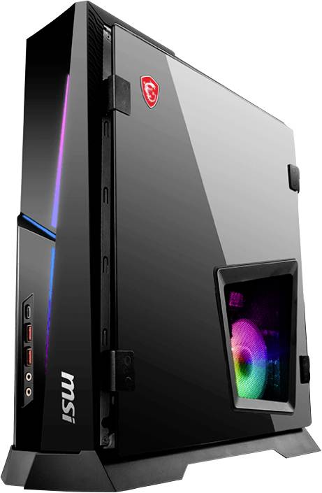 Ein schlanker, schwarzer MSI Gaming-PC mit seitlich angebrachtem RGB-Lüfter und vorderen Anschlüssen, entwickelt für High-Performance-Gaming und Multimedia-Nutzung.