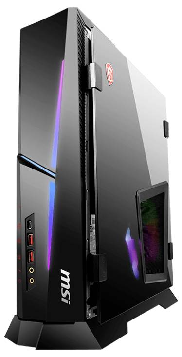 Ein schlanker, schwarzer MSI Gaming-Desktop-Tower mit bunter LED-Beleuchtung, ausgestattet mit frontseitigen USB-Anschlüssen und Kopfhörerbuchsen.