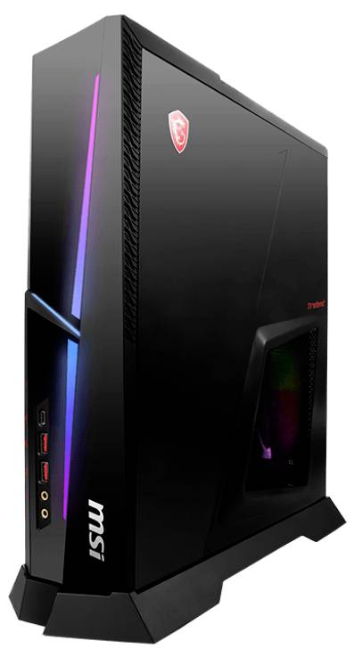 Ein schwarzer MSI Gaming-Desktop mit RGB-Beleuchtung und frontseitigen Anschlüssen, mit dem MSI-Logo auf der Oberseite.