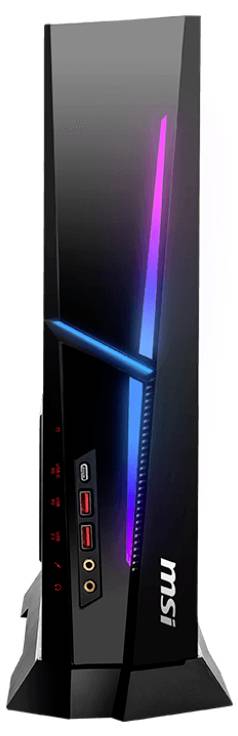 Ein schlanker, vertikaler MSI Gaming-Desktop-Tower mit RGB-Beleuchtung und mehreren frontseitigen Anschlüssen, einschließlich USB- und Audioports.