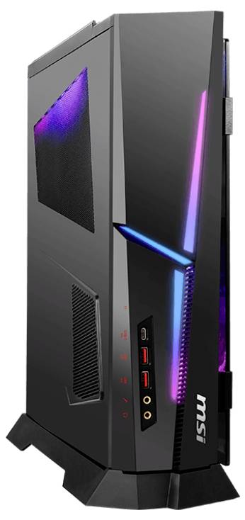 Ein schlankes, schwarzes Gaming-Desktop-Gehäuse mit blauer und violetter LED-Beleuchtung und sichtbaren Frontanschlüssen, einschließlich USB- und Audioports.