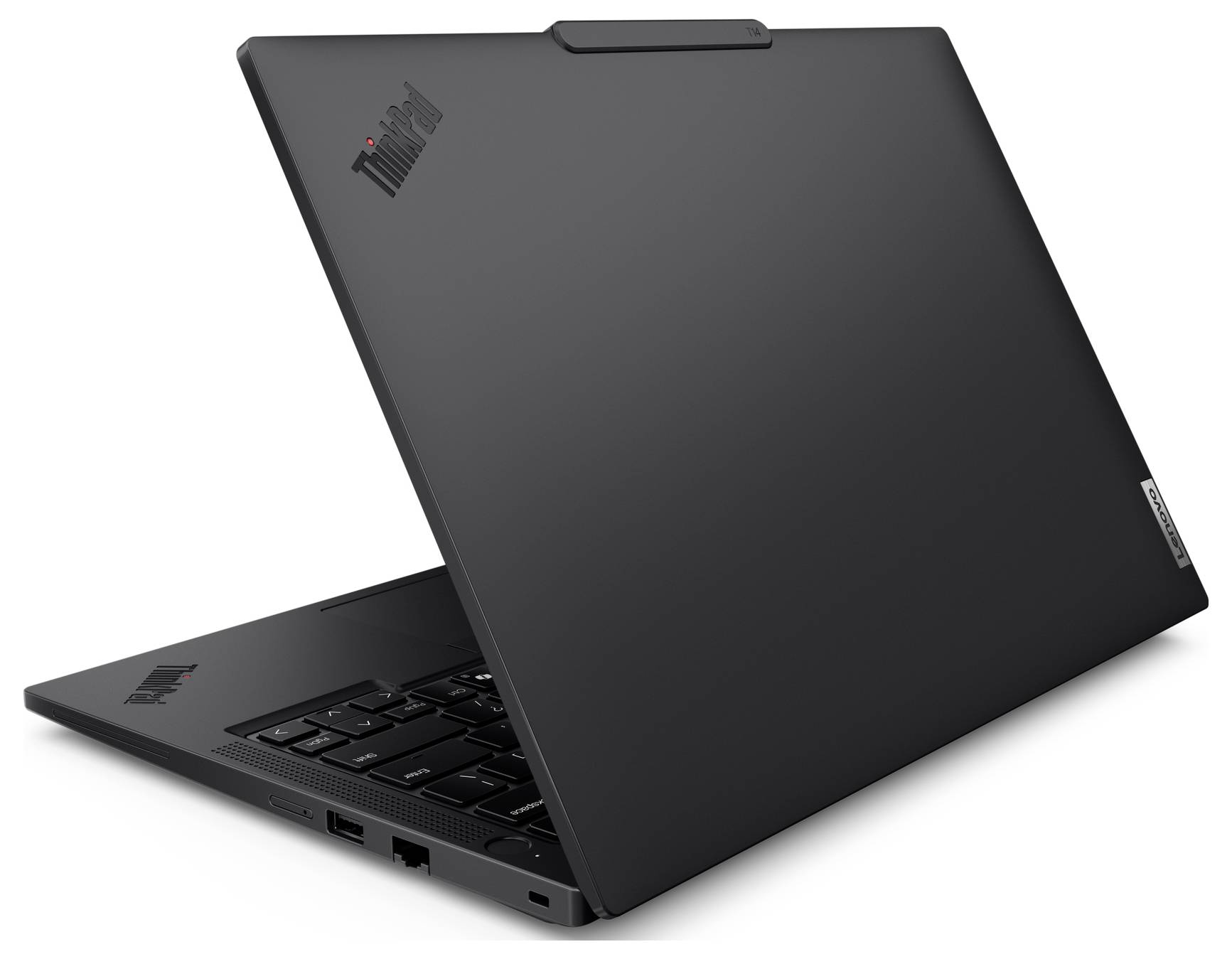 Ein 'ThinkPad' Laptop geöffnet, mit einer schwarzen Tastatur und Rückseite, von hinten links leicht schräg positioniert.