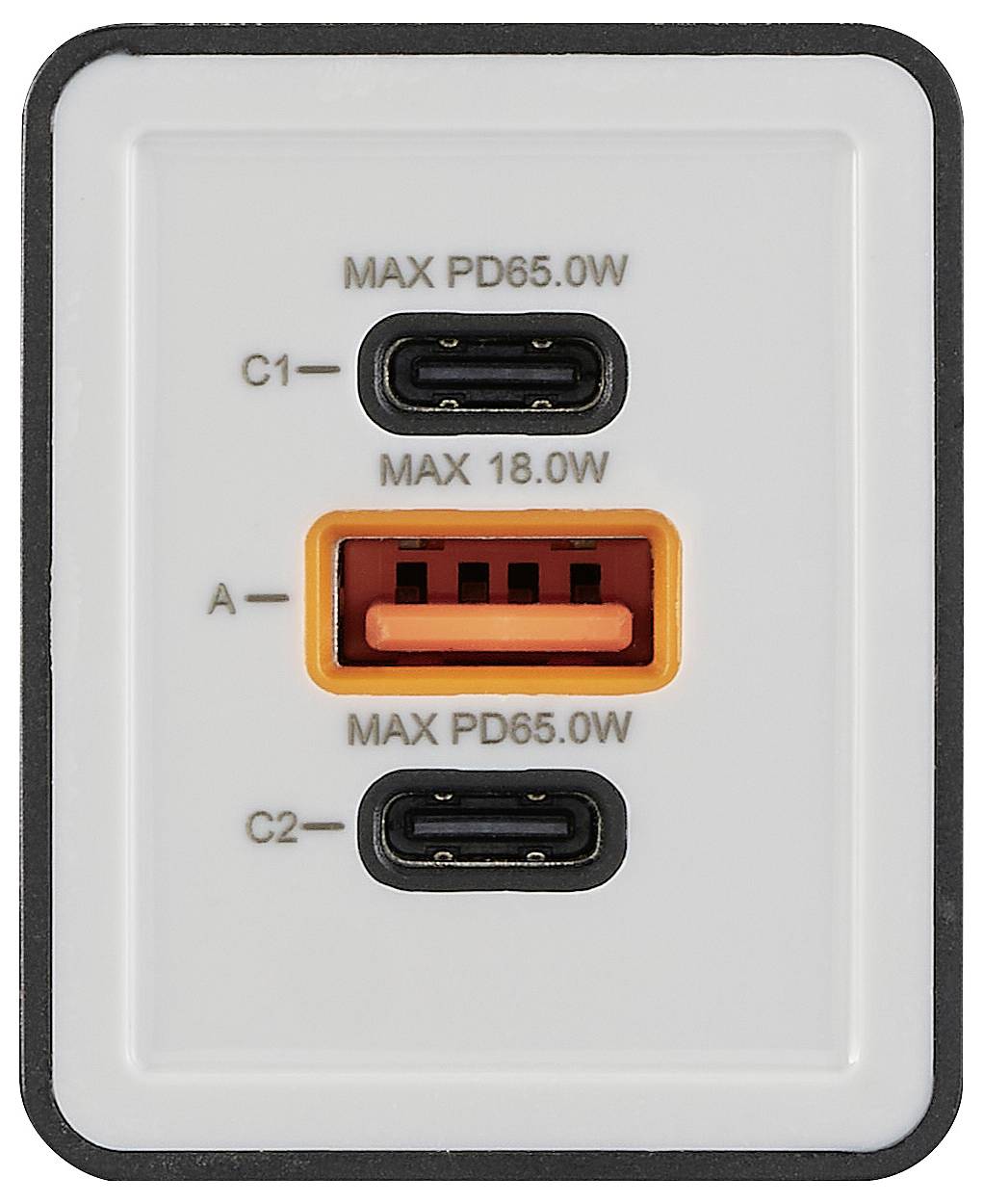 Ein Ladegerät mit zwei USB-C-Anschlüssen, die mit „MAX PD65.0W