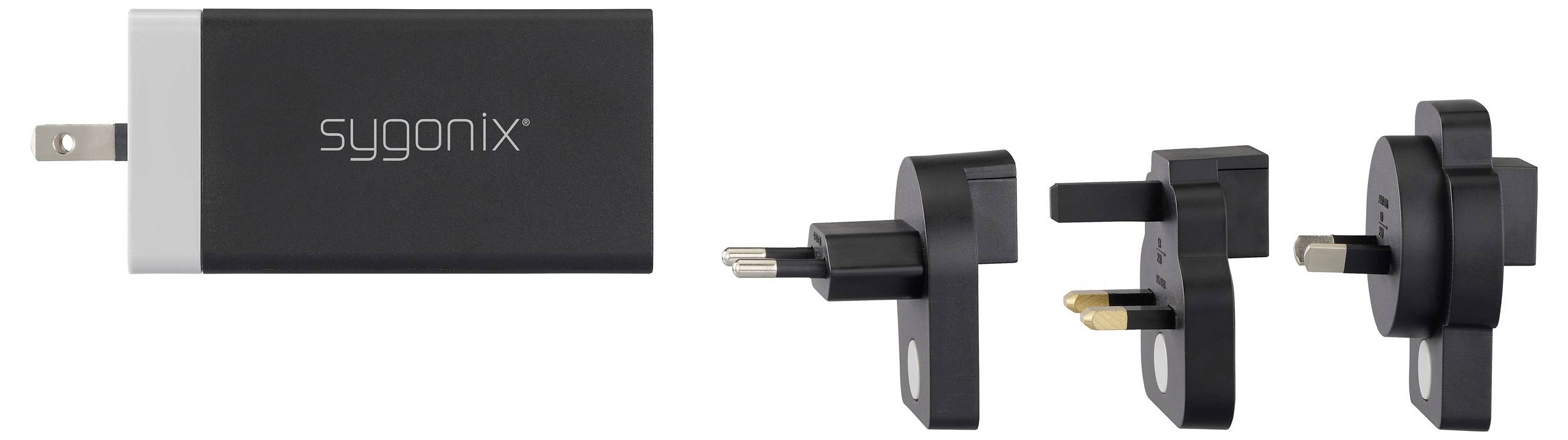 Reiseadapter-Set mit austauschbaren Steckertypen für US-, UK- und EU-Steckdosen, gekennzeichnet als Sygonix.