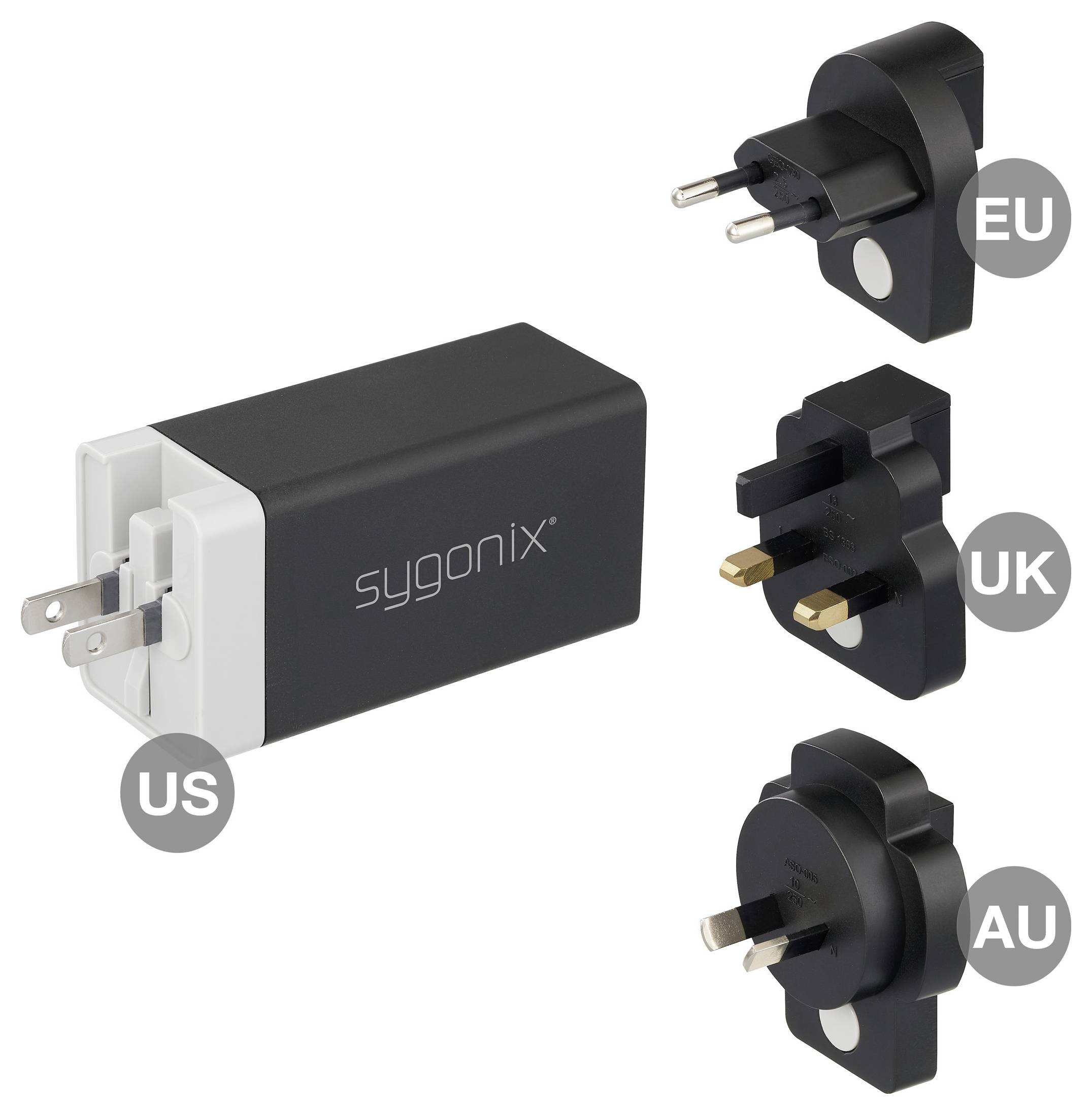Sygonix Universal-Reiseadapter mit austauschbaren Steckern für USA, EU, UK und Australien, separat dargestellt.