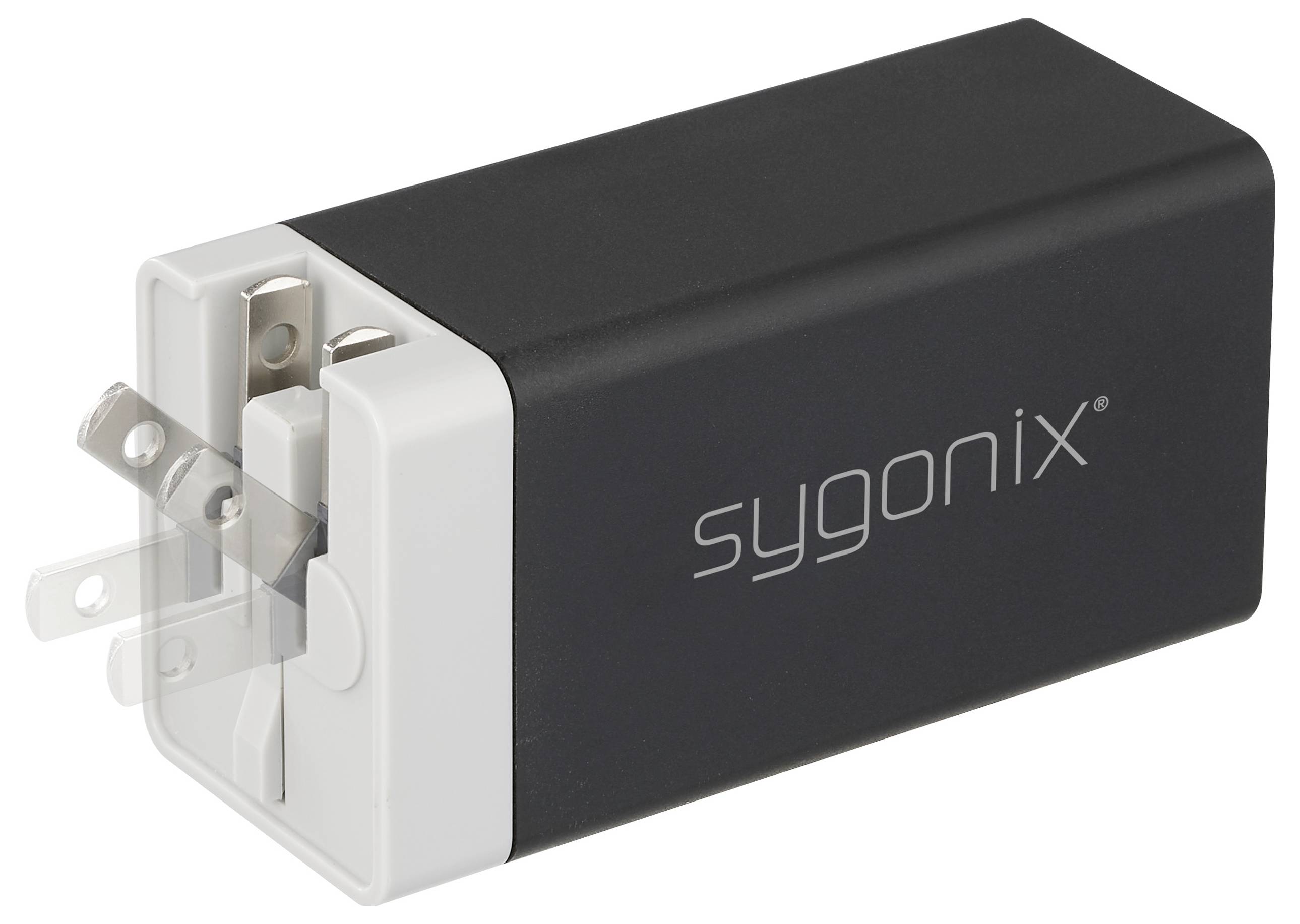 Ein schwarzer und weißer Sygonix Steckadapter mit klappbaren Metallstiften, konzipiert für vielseitige elektrische Verbindungen und Mobilität.