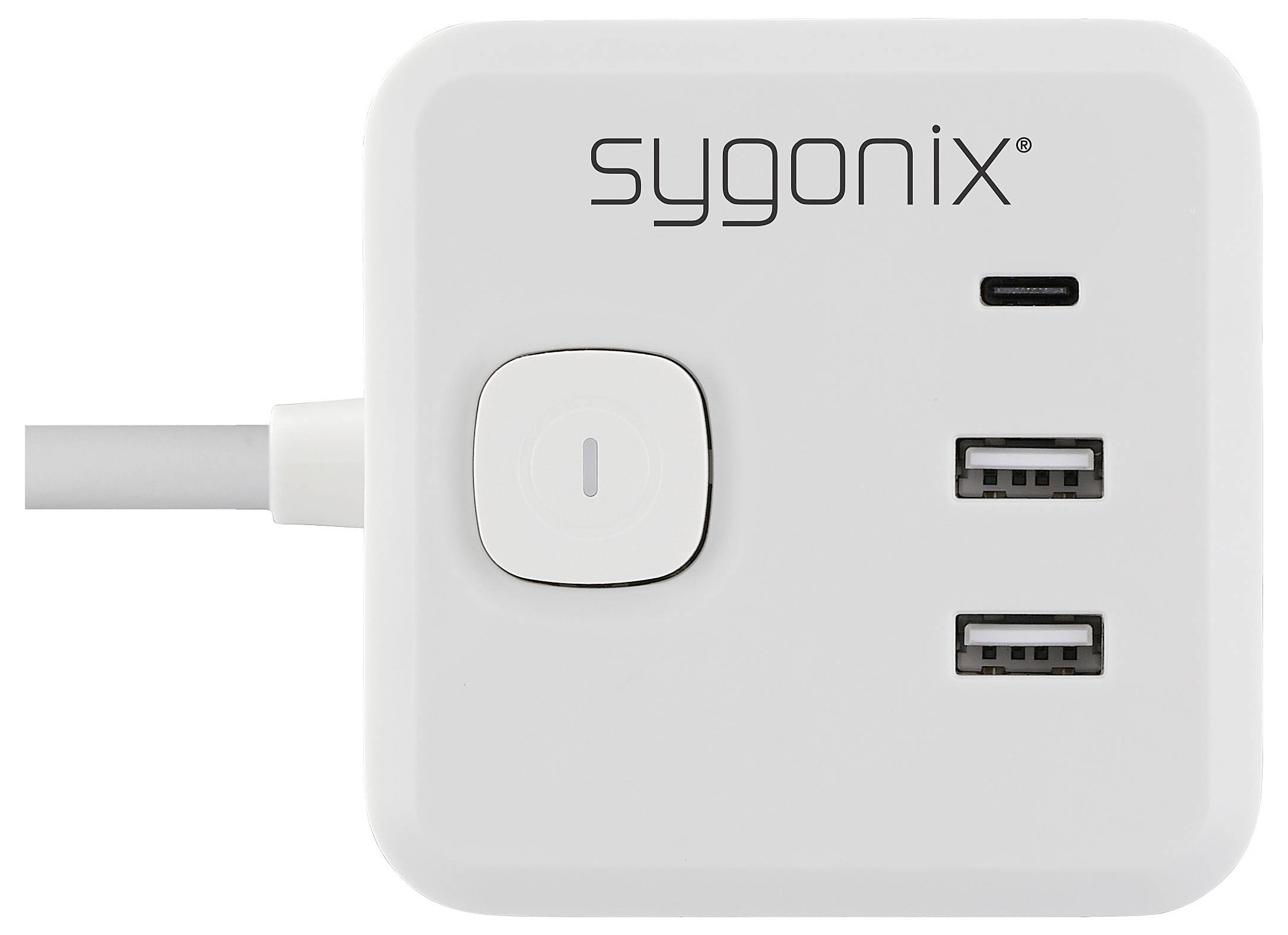 Weiße Sygonix Steckdosenleiste mit zwei USB-Anschlüssen und USB-C-Anschluss, mit zentralem Schalter und angeschlossenem Stromkabel.