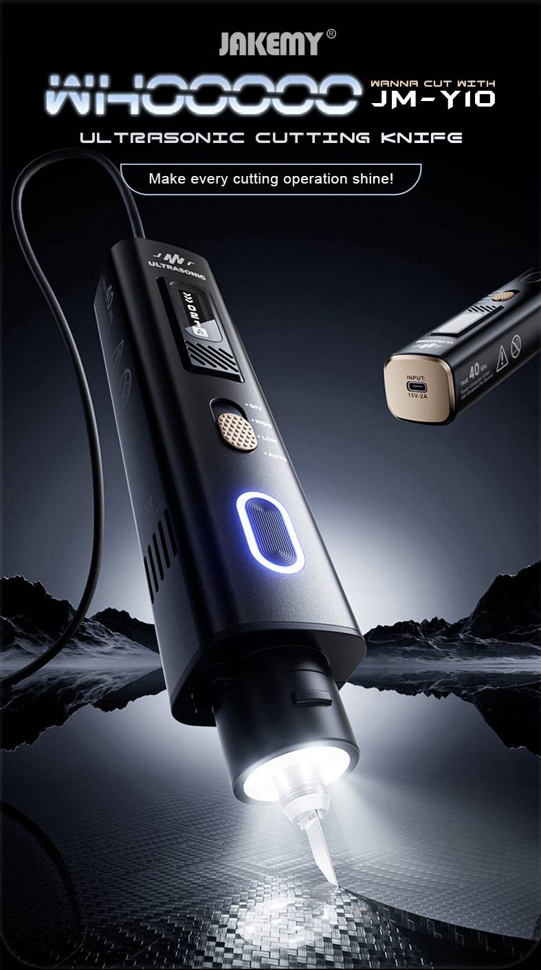 Ein Ultraschall-Schneidemesser mit digitaler Anzeige, mit der Markierung 'Jakemy JM-Y10'. Der Hintergrund zeigt raues Terrain und ein futuristisches Designelement.