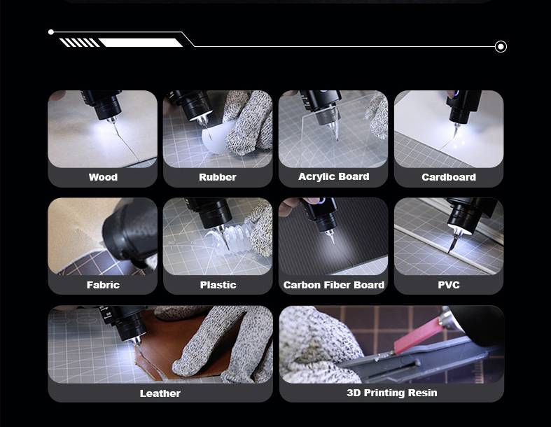 Eine Collage, die eine Lasergraviermaschine zeigt, die auf verschiedenen Materialien verwendet wird: Holz, Gummi, Acryl, Karton, Stoff, Kunststoff, Carbonfaser, PVC, Leder und 3D-Druckharz.