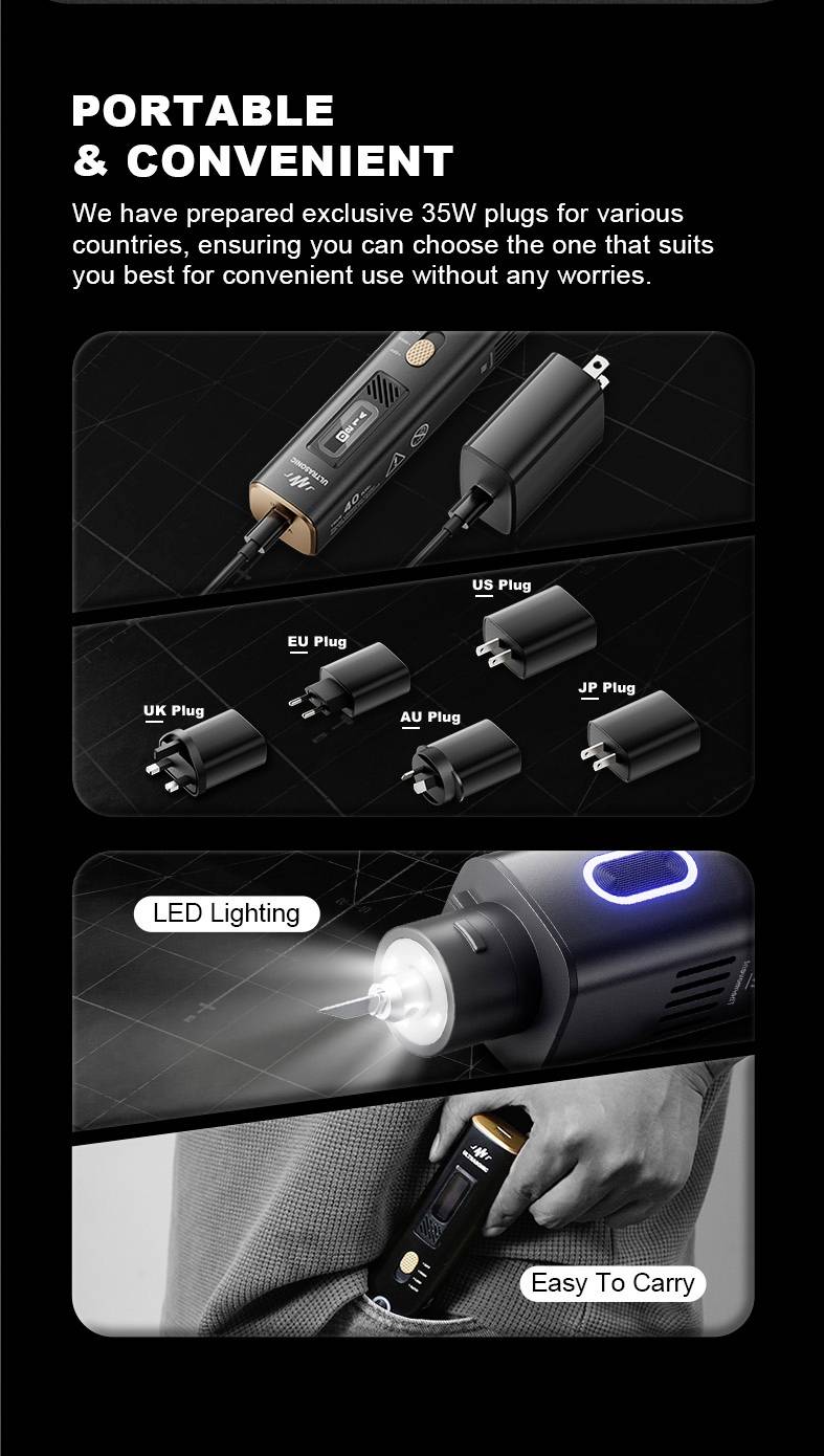 Tragbar & Praktisch' Markendesign mit universellen Steckeradaptern für EU, UK, AU, US, JP. Ausgestattet mit LED-Beleuchtung und benutzerfreundlichem, leicht transportablem Design.