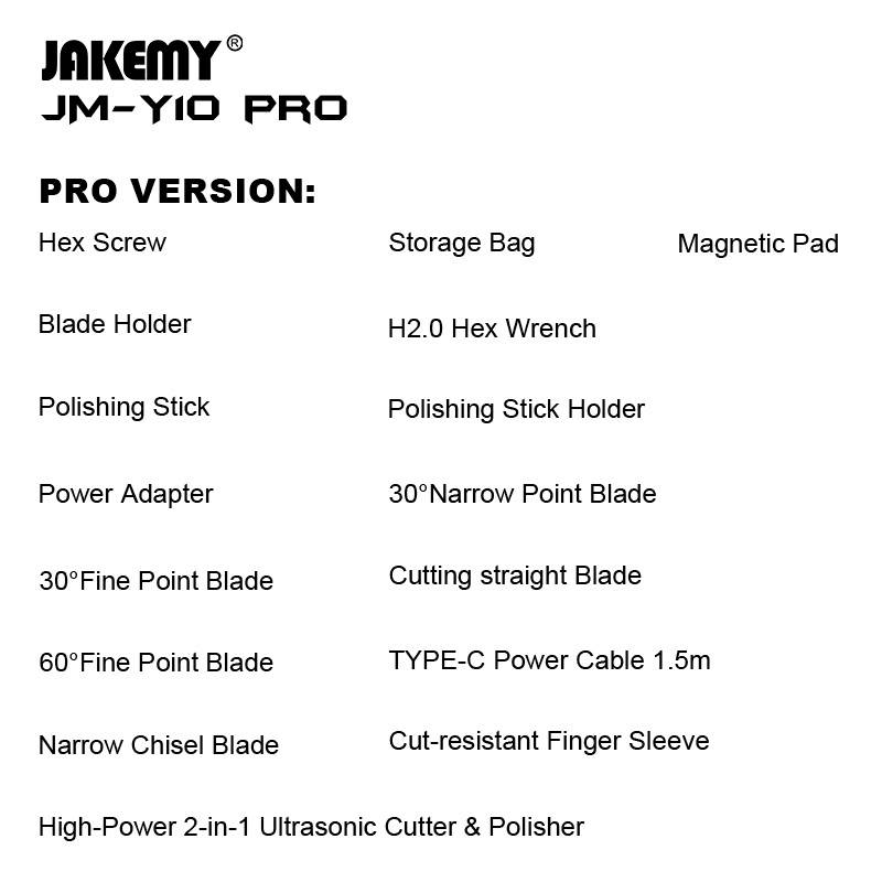 'Jakemy JM-Y10 Pro' Werkzeugset mit Sechskantschrauben, Aufbewahrungstasche, magnetischer Unterlage, verschiedenen Klingen, Sechskantschlüssel, Polierstift, Netzteil und Kabeln.