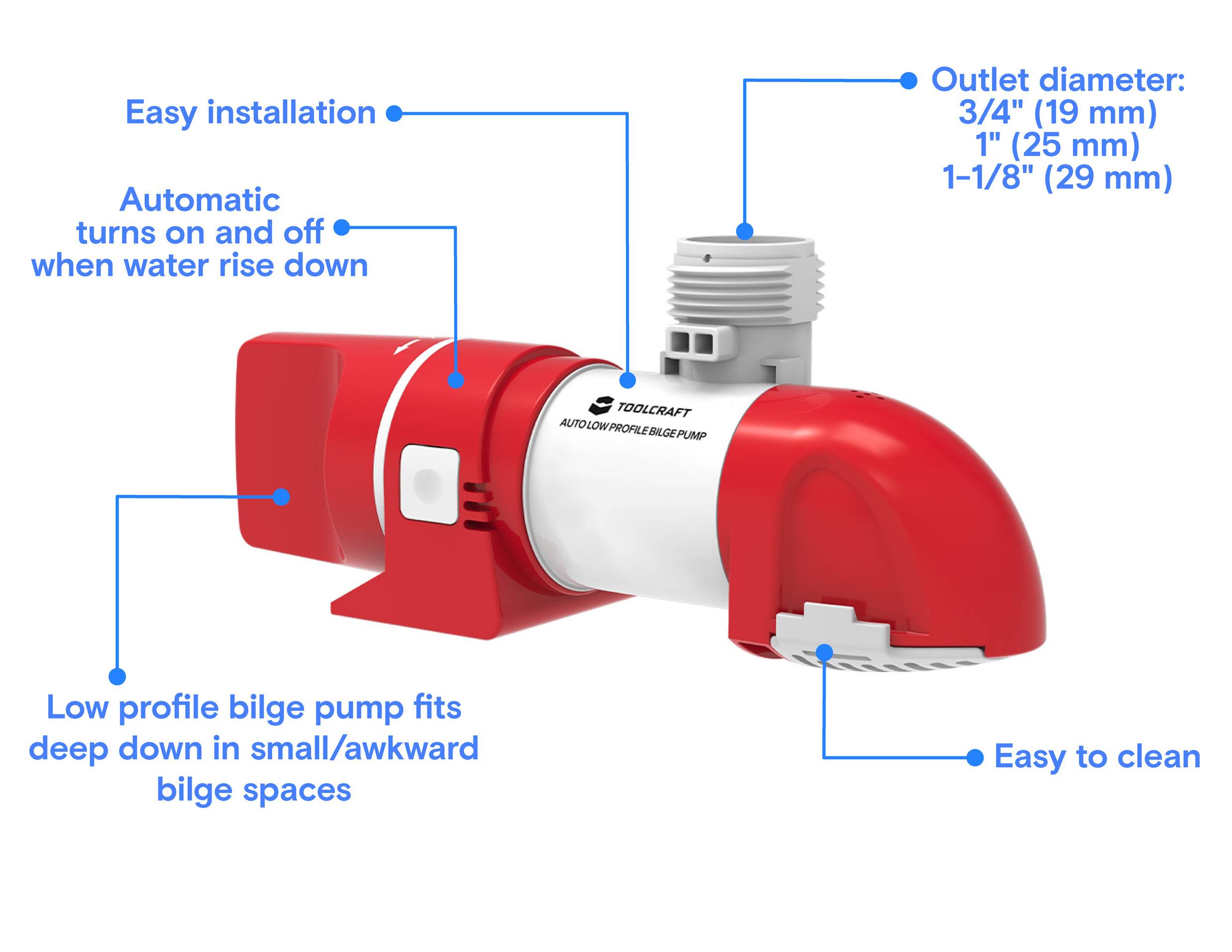 Automatische Bilgenpumpe mit Eigenschaften: einfache Installation, niedriges Profil, automatische Aktivierung und einfache Reinigung. Ausgangsduchmesser: 3/4