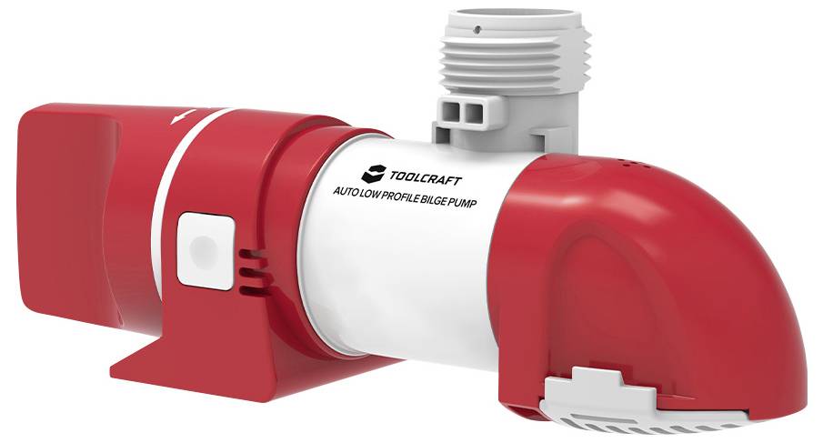 Rote und weiße Toolcraft Bilgepumpe im Niedrigprofil-Design mit Schlauchanschlüssen, entwickelt für kompakte Wasserabpumpanwendungen.