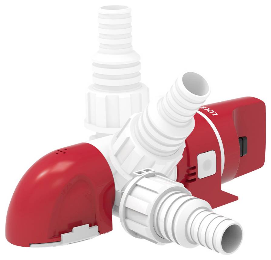 Eine rote und weiße Wasserpumpe mit mehreren Schlauchverbindungen, die für Flüssigkeitstransfer oder -zirkulation ausgelegt ist.