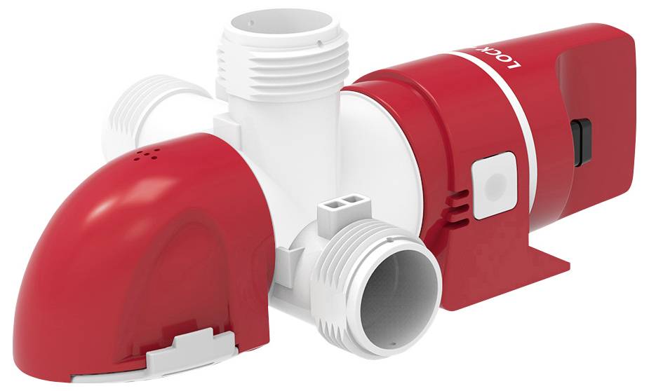 Eine rote und weiße Klempnerarmatur mit mehreren Anschlusspunkten, entwickelt für sichere Rohrverbindungen und ausgestattet mit einem Verriegelungsmechanismus.