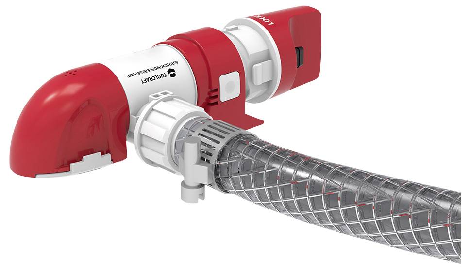 Ein Staubsaugeraufsatz mit einer roten und weißen Düse, die an einen flexiblen, transparenten Schlauch mit Gittermuster angeschlossen ist.