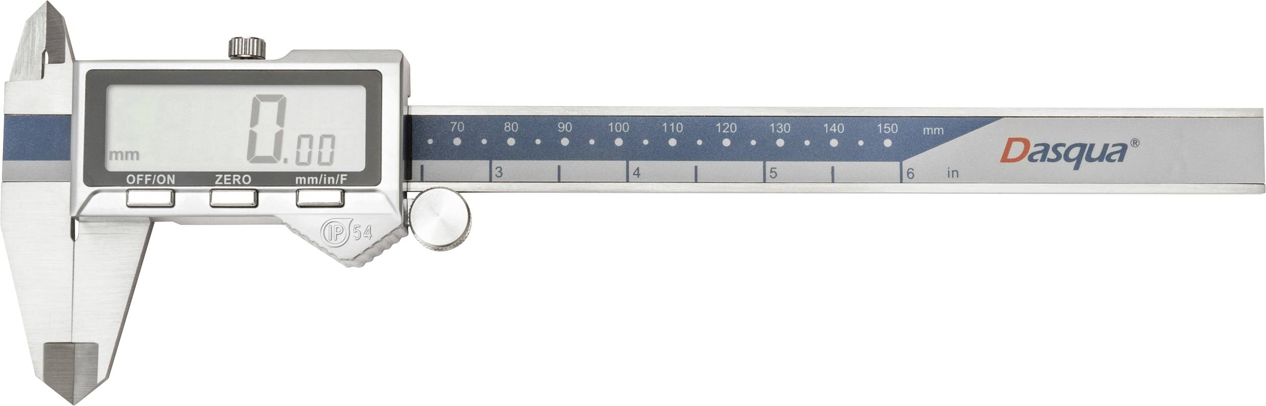 Digitale Schieblehre mit Anzeige '0,00 mm' auf dem Display, verwendet für präzise Messungen, mit Edelstahlgehäuse und blauem Etikett 'Dasqua'.