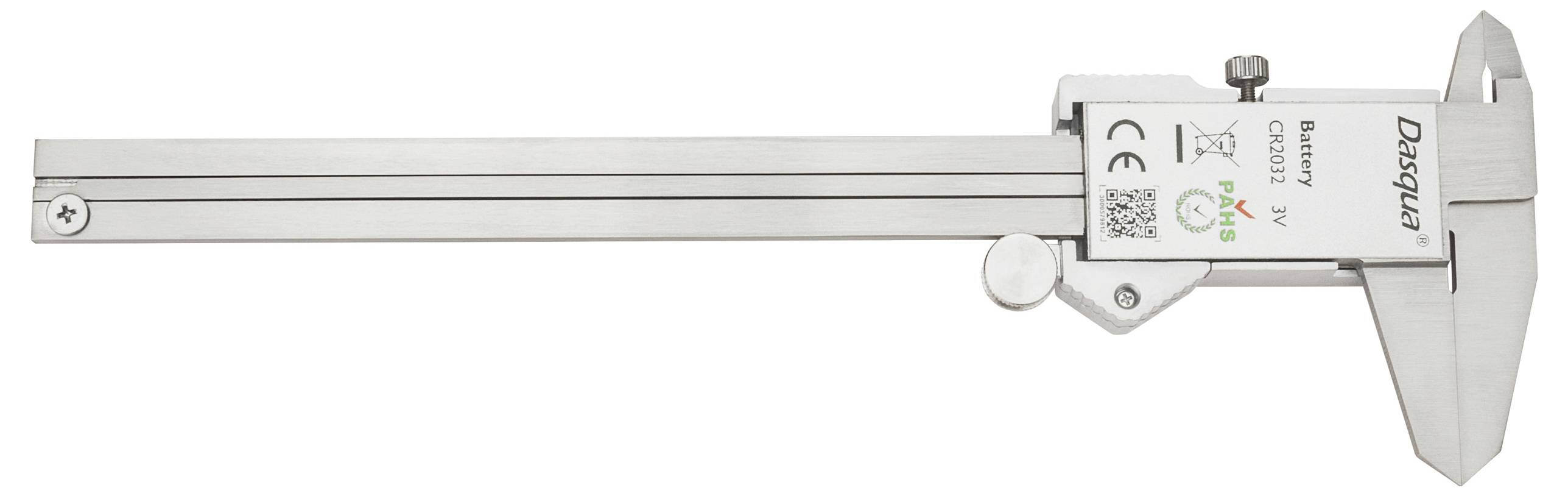 Ein silberner digitaler Messschieber der Marke 'Dasqua', der Messungen in Millimetern anzeigt und üblicherweise für präzise Dimensionsmessungen verwendet wird.