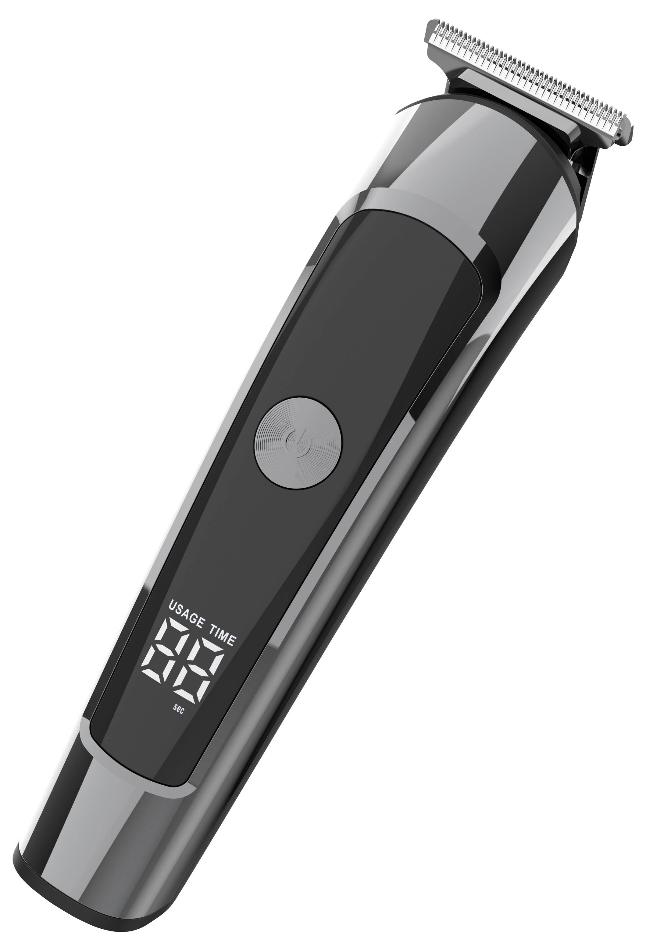 Schwarzer elektrischer Haarschneider mit digitaler Akkulaufzeit-Anzeige und silberner Schneideklinge auf weißem Hintergrund.
