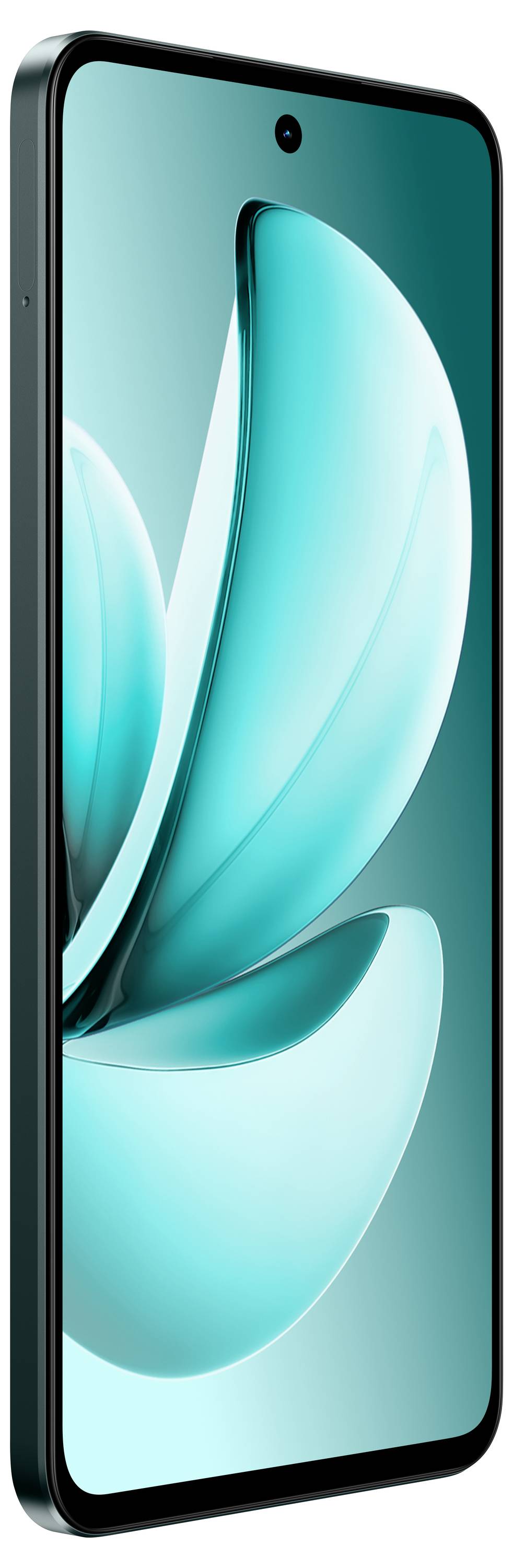 Ein Smartphone mit elegantem Design, ausgestattet mit einem großen Bildschirm und minimalen Displayrändern, auf dem ein blauer abstrakter Hintergrund zu sehen ist.