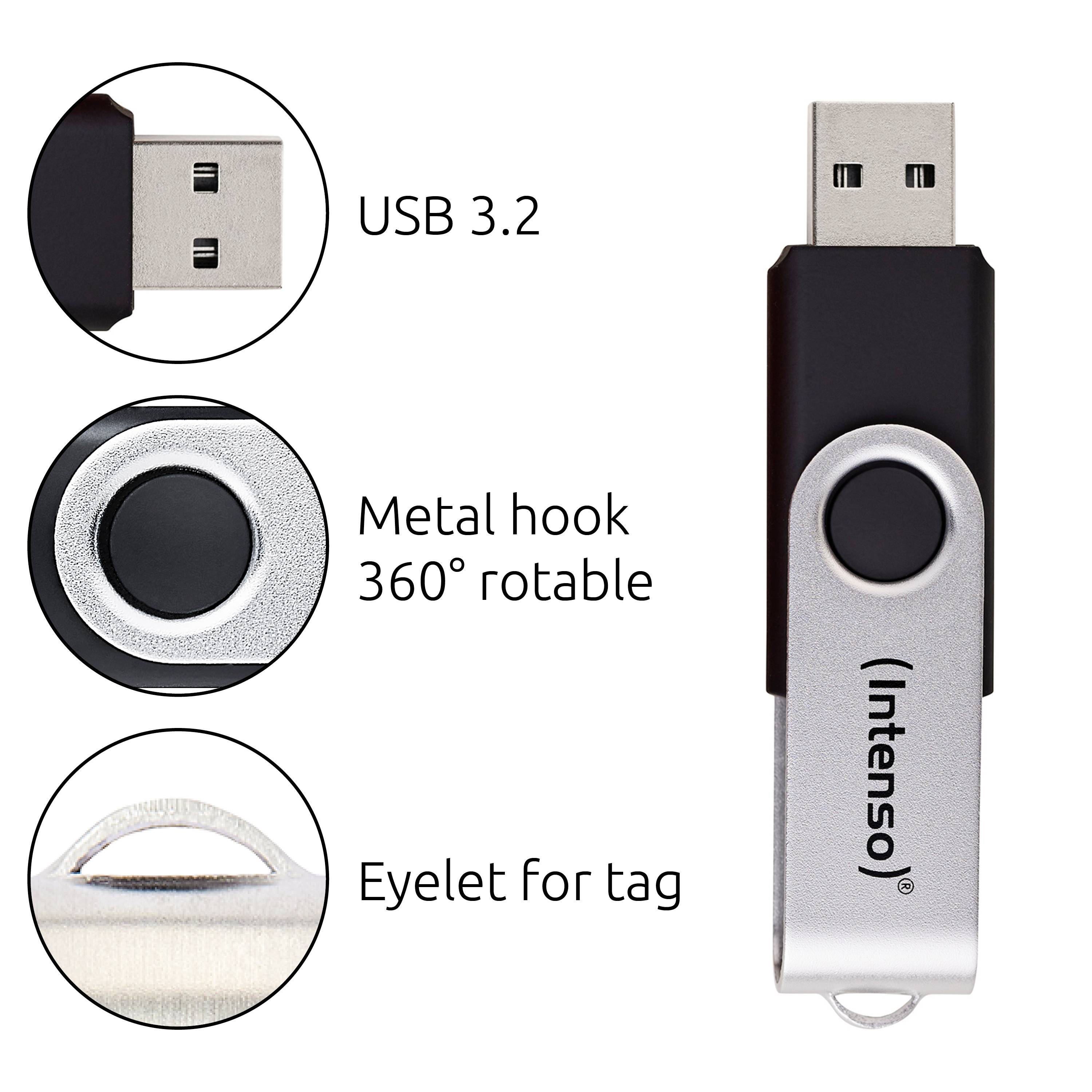 USB-Stick mit drehbarem Metallhaken, mit 'USB 3.2' und 'Öse für Anhänger'. Markenname 'Intenso' auf dem Gerät gedruckt.
