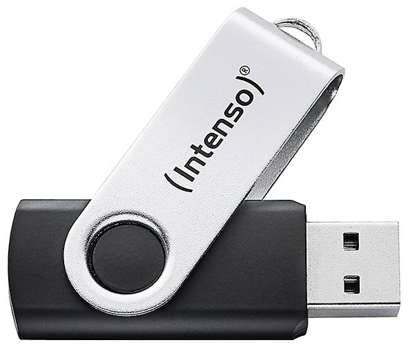 Ein USB-Stick mit einer silbernen Drehklappe, die mit 'Intenso' beschriftet ist, angebracht an einer schwarzen Basis mit sichtbarem USB-Anschluss.