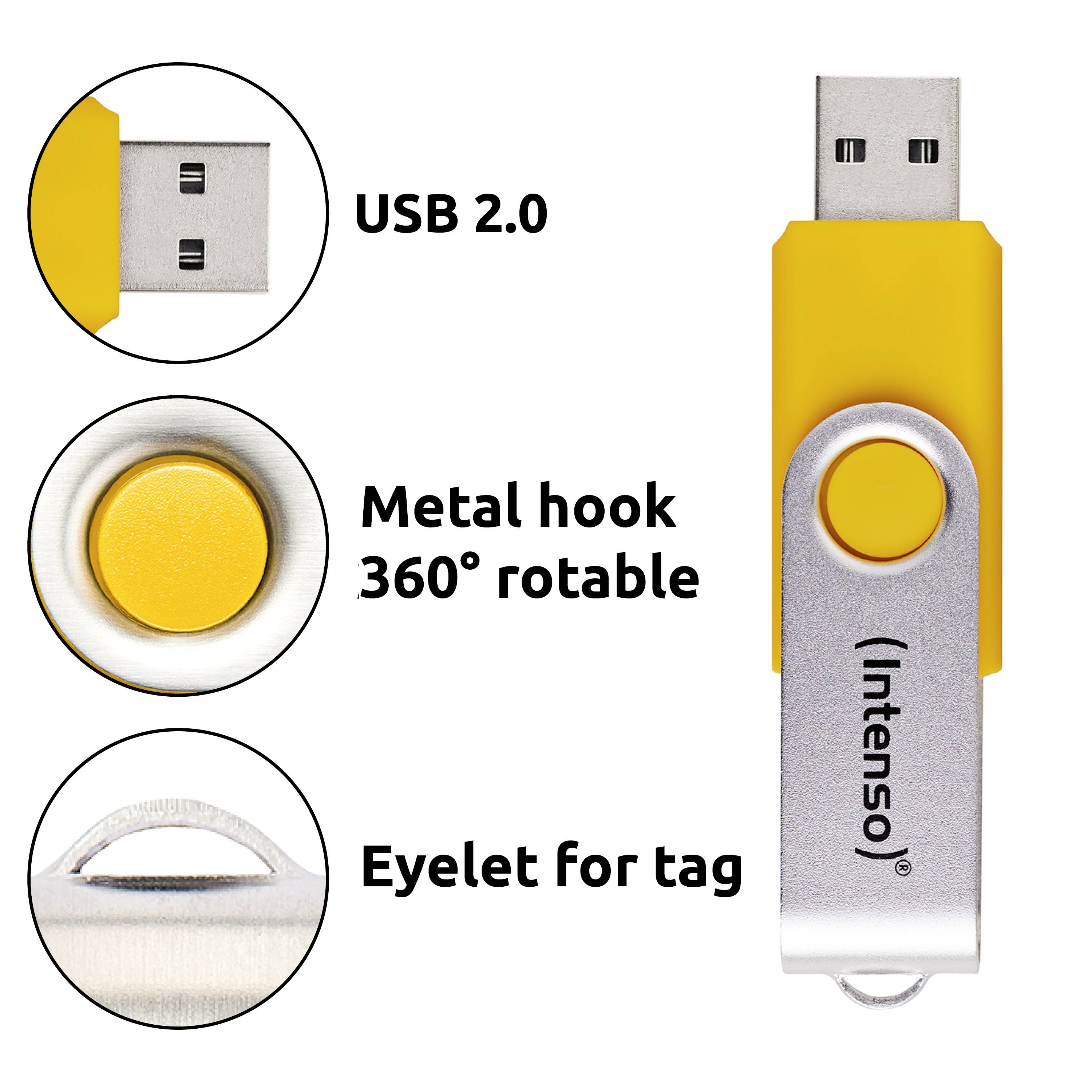 USB-Stick Merkmale: USB 2.0-Schnittstelle, Metallhaken mit 360°-Drehung und Öse zur Anhängeranbringung. Markenname auf dem Haken gedruckt.
