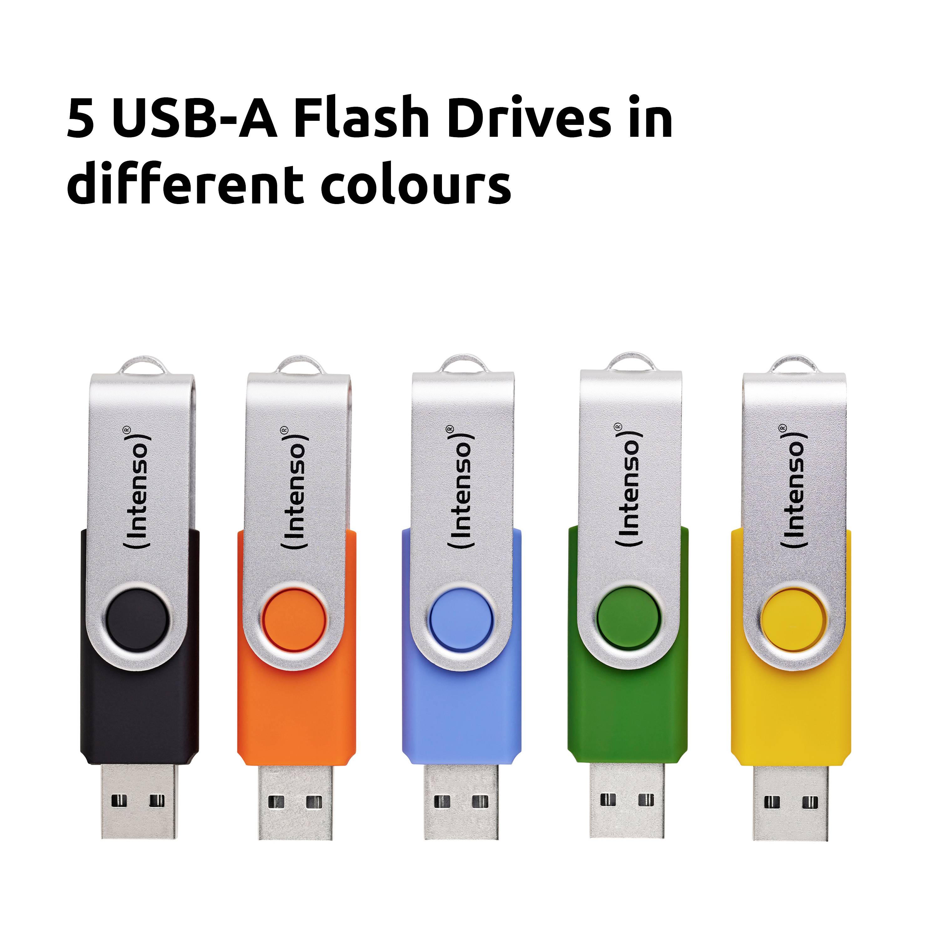 5 USB-A-Sticks in verschiedenen Farben: schwarz, rot, blau, grün und gelb. Jeder verfügt über eine Schutzkappe zum Schwenken und die Marke Intenso.
