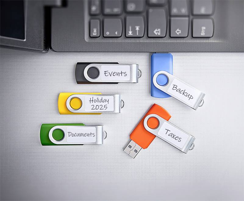 Mehrere beschriftete USB-Laufwerke auf einem Schreibtisch neben einer Tastatur, beschriftet mit 