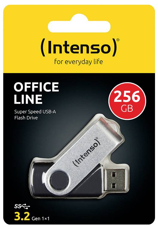 Intenso USB 3.2 Stick, 256 GB Kapazität, als hochgeschwindig gekennzeichnet, in silber und schwarz, auf gelber Verpackung mit Office Line-Branding.