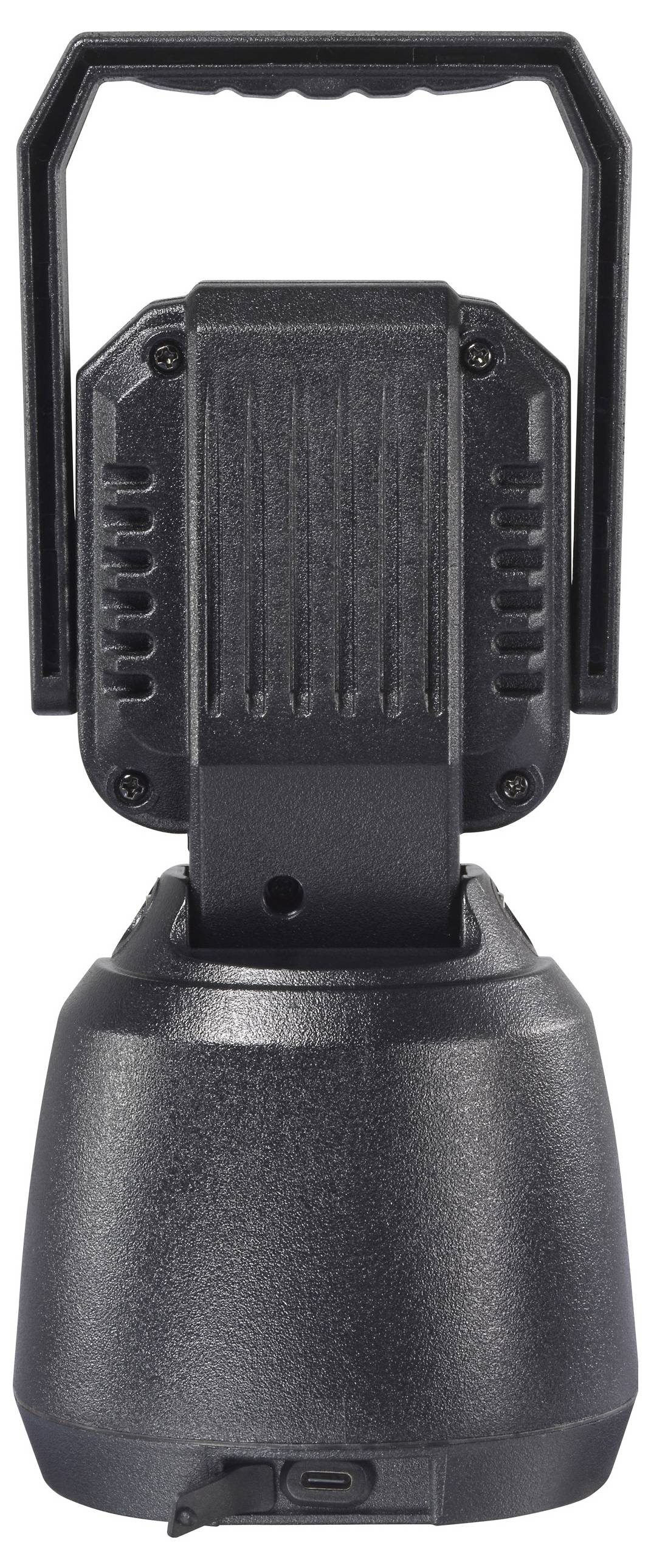 Eine schwarze, rechteckige Taschenlampe mit einer großen Basis und einem gerillten Gehäuse, ausgestattet mit einem drehbaren Griff an der Oberseite zum Tragen.