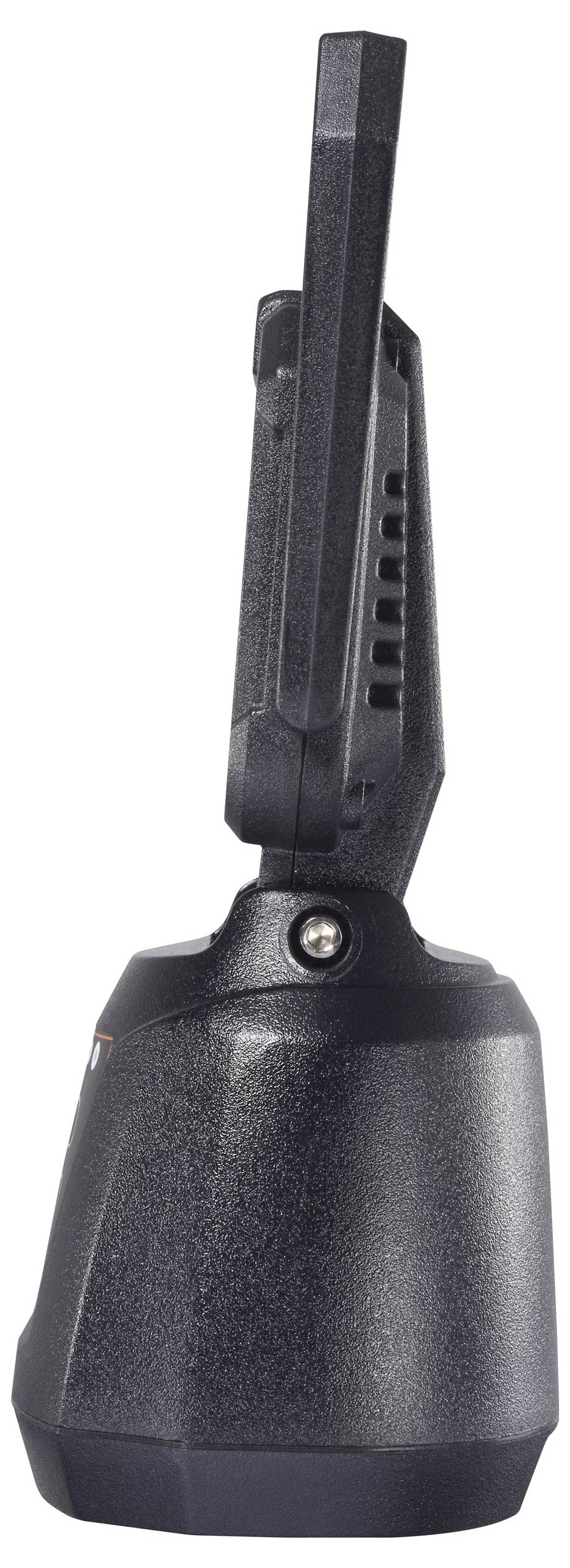 Ein schwarzes Walkie-Talkie mit ausziehbarer Antenne, von der Seite gegen einen weißen Hintergrund fotografiert.