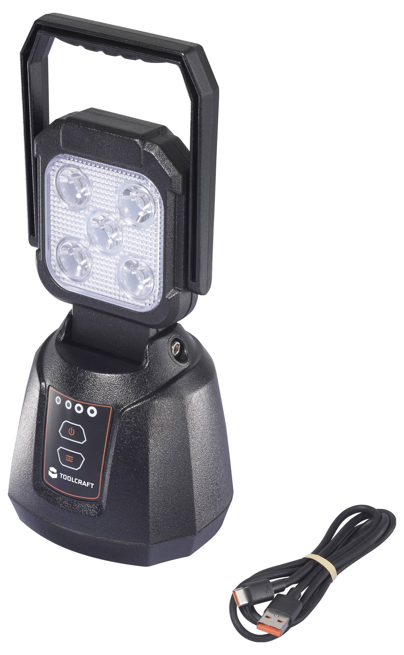 Eine tragbare schwarze LED-Arbeitsleuchte mit fünf Glühbirnen auf einem Ständer, ausgestattet mit einem Griff und einem Bedienfeld. Neben ihr liegt ein USB-Ladekabel.