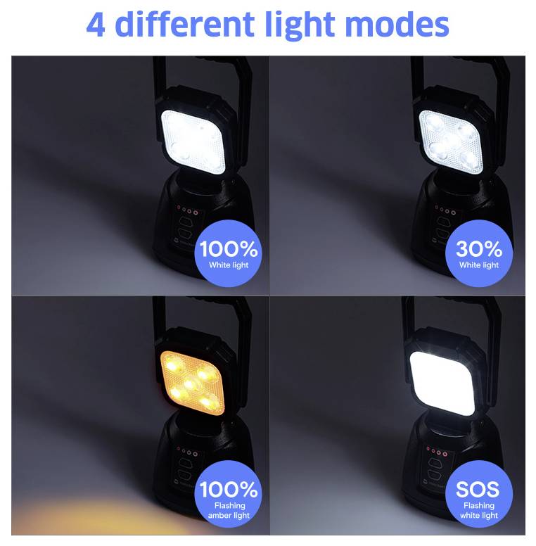 Vier Taschenlampen demonstrieren verschiedene Lichtmodi: 100% weißes Licht, 30% weißes Licht, 100% blinkend bernsteinfarben und SOS blinkend in Weiß.