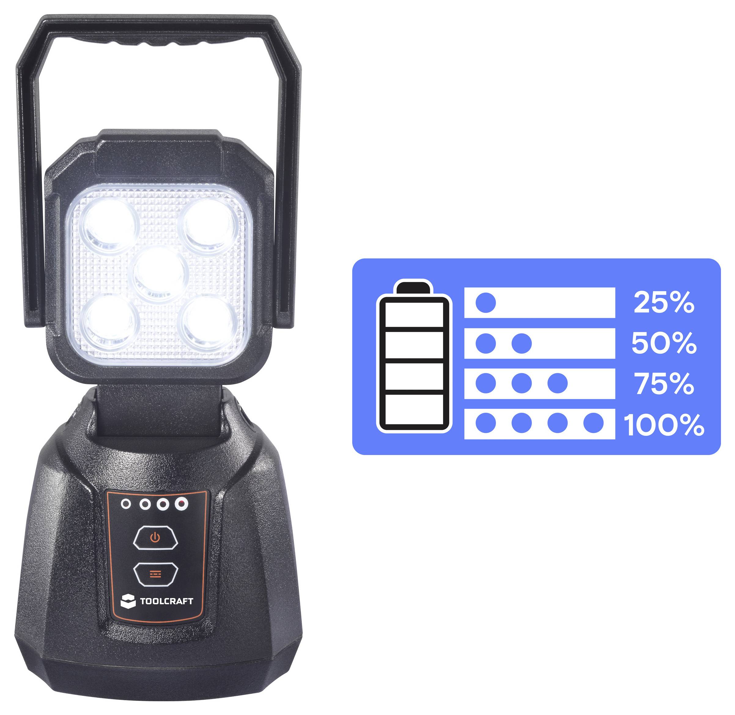 Eine schwarze LED-Arbeitsleuchte mit Griff, mit dem Etikett 'TOOLCRAFT', neben einem blauen Batteriesymbol, das Ladestände anzeigt: 25%, 50%, 75%, 100%.