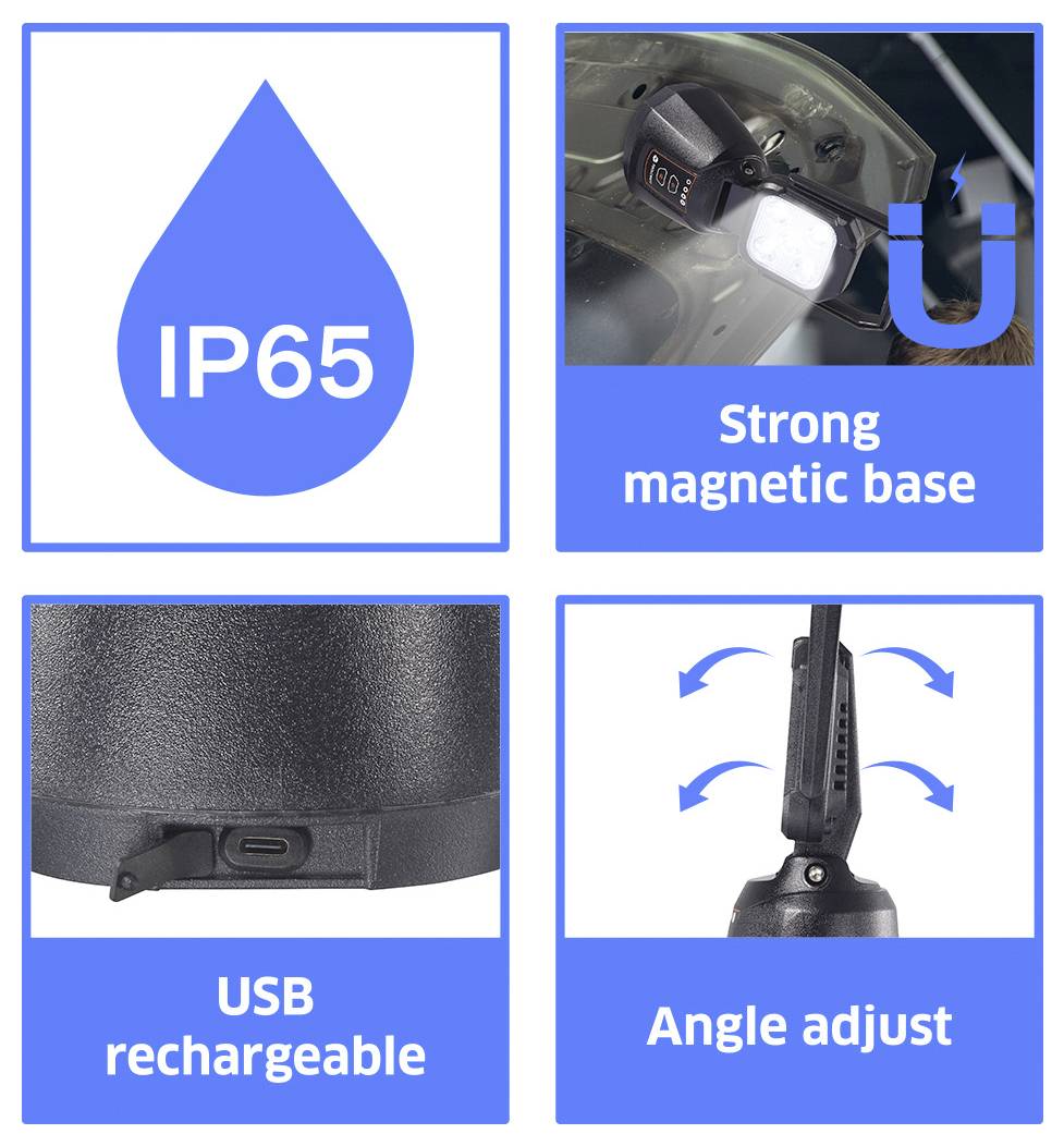 Das Bild zeigt vier Merkmale einer tragbaren Lampe: Wasserdichtigkeit mit IP65-Schutzklasse, starke magnetische Basis, USB-Aufladbarkeit und Winkelverstellbarkeit.