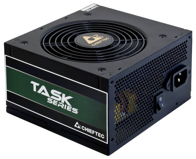Chieftec TASK Serie Netzteil mit Kühlventilator, Netzschalter und sichtbarem Kabelanschluss.