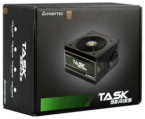 Eine Verpackung, die ein Chieftec 'Task Series' Netzteil zeigt, mit einem '80 PLUS Bronze' Effizienzzerti­fikat-Logo auf der Oberseite.